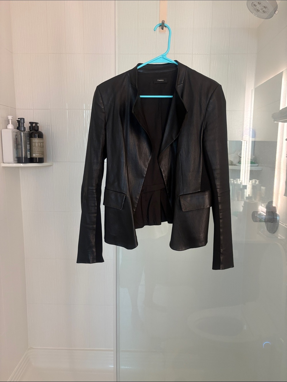 Theory Black Leather Open-Front Blazer